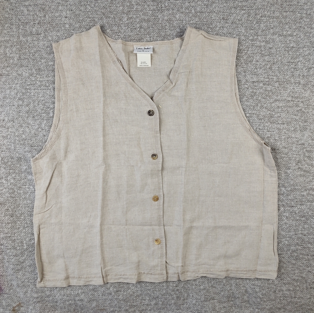 Cotton Studio Beige Sleeveless Button-Down Shirt Linen Blendarge